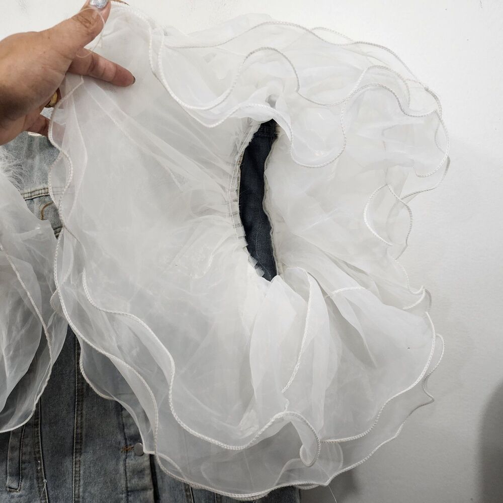 Upclycled Bujtton-front denim vest oversized white tulle ruffle sleeves Size L - Picture 7 of 16